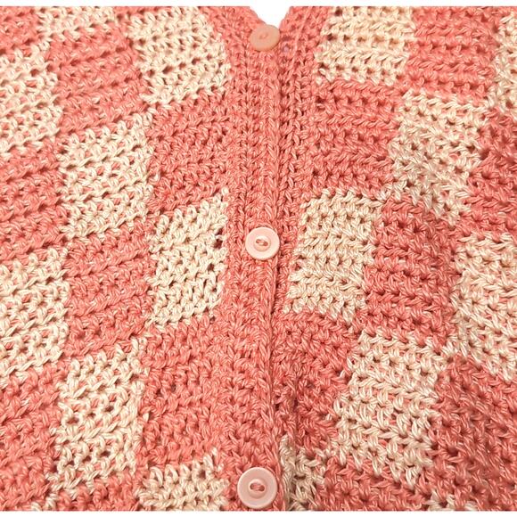 Hand Knit Handmade Pullover Sweater Vest Crop Top Size M Peach Checkerboard NEW - Picture 6 of 10